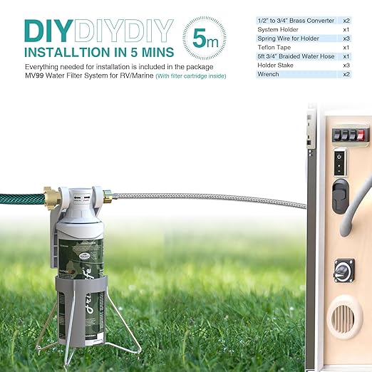 FRIZZLIFE RV Water Filter-NSF/ANSI 53&42 Certified Inline Hose Filter for RV-0.5 Micron High Water Pressure, Reduce Chlorine, Lead, Heavy Metals, Odors - for Marine, Camper, Garden, MV99