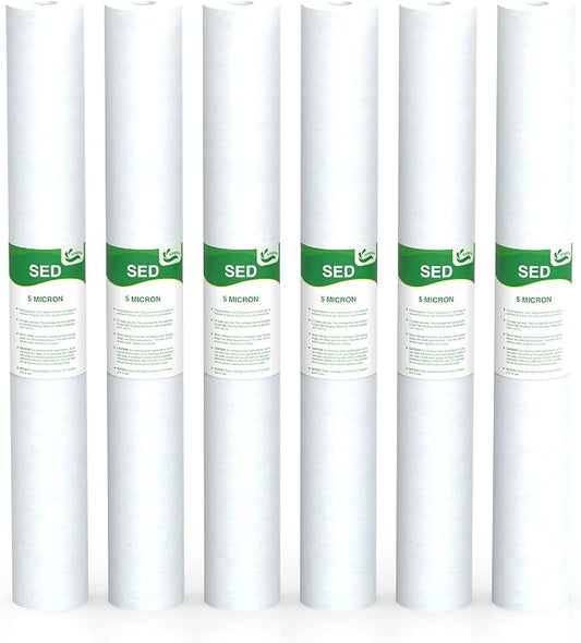 5 Micron Water Filter 20" x 2.5" Replacement Cartridge, 20-inch Sediment Pre-Filters for Whole House Water Filtration/Water Softener Systems, 6-Pack
