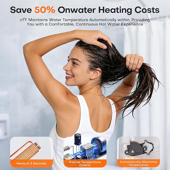 14.4kW Tankless Water Heater Electric 240V, On Demand Hot Water, Automatically Maintains Water Temperature, Up to 3.5 GPM, WiFi Control, ETL Eertified, Eco, WM15V Plus