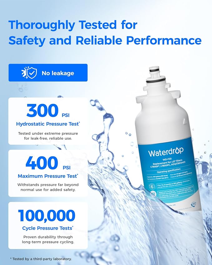 Waterdrop ADQ73613401 Water Filter, Replacement for LG® LT800P®,4 Pack | Replacement for LG® LT800P®, ADQ73613408, ADQ75795104, ADQ73613402,9490, 46-9490, LSXS26326S, LMXC23746S
