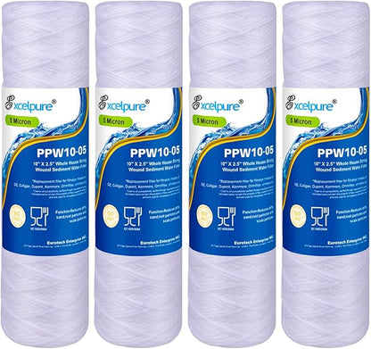 EXCELPURE 5 Micron 10"x2.5" Whole House String Wound Sediment Filter for Well Water, Replacement Cartridge for Universal 10 inch RO System, WP-5, Aqua-Pure AP110, CFS110, Culligan P5, CW-MF, 4PACK