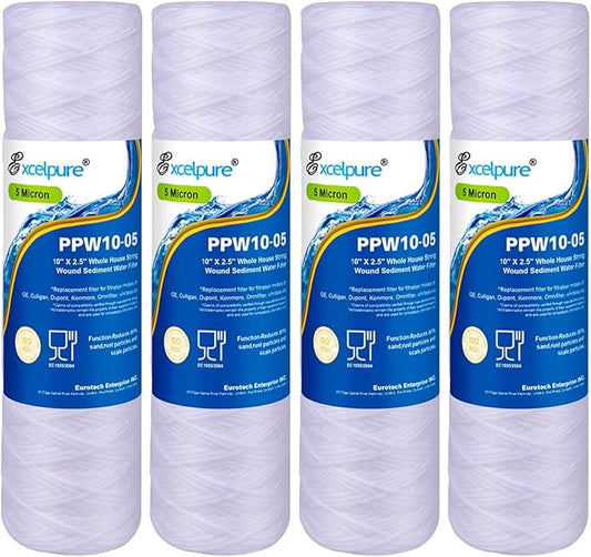 EXCELPURE 5 Micron 10"x2.5" Whole House String Wound Sediment Filter for Well Water, Replacement Cartridge for Universal 10 inch RO System, WP-5, Aqua-Pure AP110, CFS110, Culligan P5, CW-MF, 4PACK