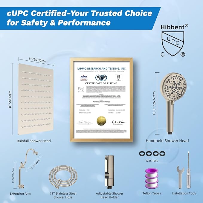 Hibbent cUPC Certified All Metal 8" Rainfall Showerhead Combo, High Pressure Shower Head with 10-Spray Handheld, Innovative 4-way Diverter with Pause Mode, 71'' Shower Hose & Holder, Brushed Nickel