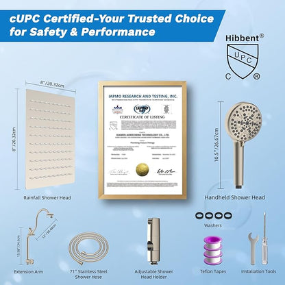 Hibbent cUPC Certified All Metal 8" Rainfall Showerhead Combo, High Pressure Shower Head with 10-Spray Handheld, Innovative 4-way Diverter with Pause Mode, 71'' Shower Hose & Holder, Brushed Nickel