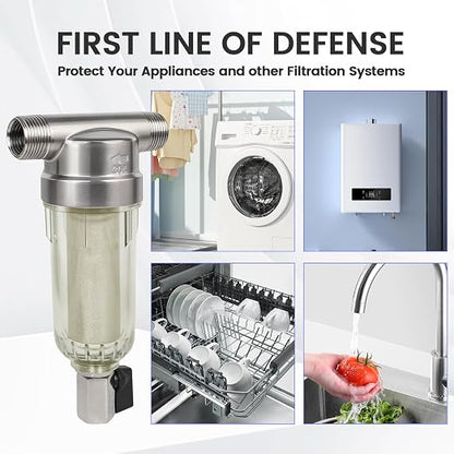304 Stainless Steel 40 Micron Spin Down Water Filter, Whole House Spin Down Sediment Water Filter, Reusable Flushable Pre-Filtration System, 1" MNPT + 3/4" FNPT, BPA Free