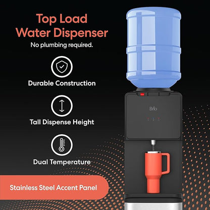 Brio 130 Series Top-Load Water Cooler Dispenser for 3- and 5-Gallon Bottles, Hot & Cold, Spill-Free Loading, Child Safety Lock, Energy Star 3.0, Black & Stainless