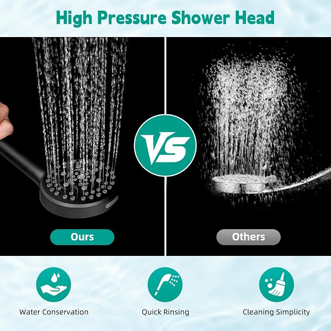 Hibbent High Pressure 10-mode Shower Head, Filtered Handheld Showerhead with Adjustable Brass Joint Holder, 71" Metal Hose, Improve Skin & Hair, Built-in Power Wash to Clean Tub & Pets, Black