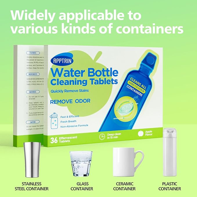 Water Bottle Cleaning Tablets, 36 Pack Bottle Clean Tablet Hydration Bladder Cleansing Tablets for Hydration Bladder, Water Bottle, Individually Packed, Apple Flavor