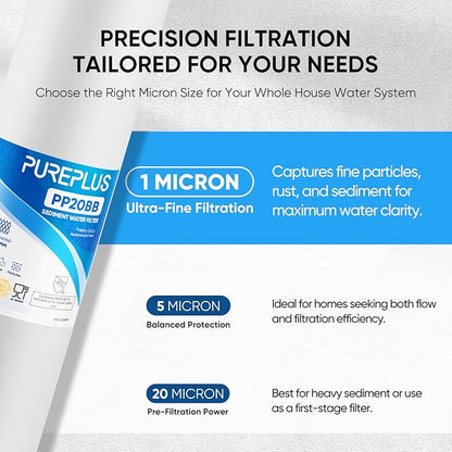 PUREPLUS 1 Micron 20" x 4.5" Whole House Sediment Home Water Filter Replacement Cartridge, Compatible with DGD-2501-20, AP810-2, P1-20BB, FP25B, FPMB-BB1-20, SDC-45-2001, 2 Pack