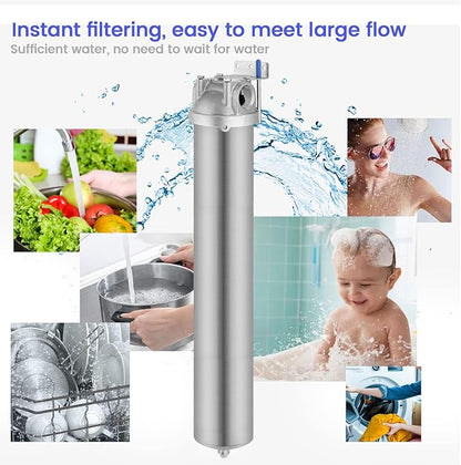 Amwater NSF/ANSI 42 Stainless Steel Whole House Water Filter Housing, 20" x 2.5" Sediment Water Filter System for Heavy Duty, Well & City Water, 1" NPT Port, Drain Valve Style C (Square Head)