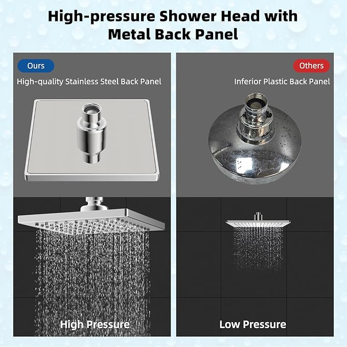 Hibbent cUPC Certified Thickness Metal Rain Shower Head, 6 Inch High Pressure Shower Head, Square Bathroom Waterfall Shower Heads, High Flow Fixed Showerheads with Adjustable Brass Ball Joint, Chrome