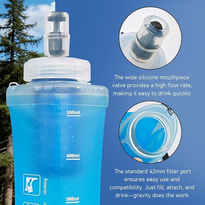 1L Collapsible Water Bottle with Filter for Hiking, Camping & Travel - TPU Soft Flask, 0.1 Micrometer Hollow Fiber Membrane for Clearer, Better Tasting Outdoor Water(Blue)