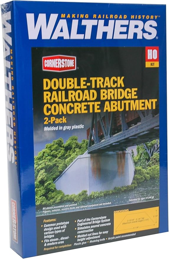 Walthers Cornerstone Double-Track Railroad Bridge Concrete Abutment pkg(2) 933-4553 HO Scale Model Railroad - Structure Kit
