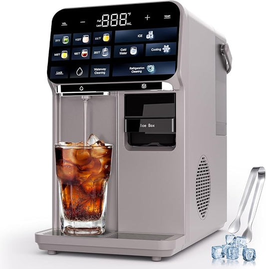 Ice Maker Water Filter Dispenser, 3 in1 Countertop Instant Hot & Cold Water, Ice Water Dispenser with ice Box, 7 Temperature & 5 Dispensing Volume Options Portable No Installation.