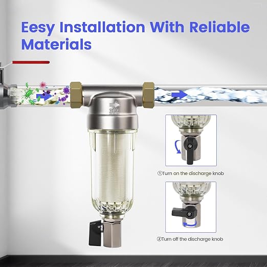 304 Stainless Steel 40 Micron Spin Down Water Filter, Whole House Spin Down Sediment Water Filter, Reusable Flushable Pre-Filtration System, 1" MNPT + 3/4" FNPT+3/4MNPT, BPA Free