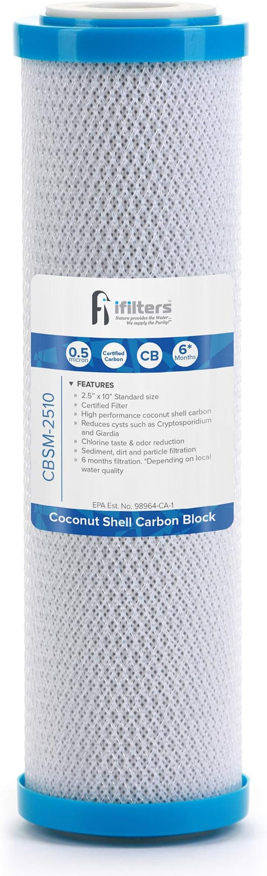 iFilters 0.5-Micron Carbon Block Water Filter – Coconut Shell CTO Drinking Water Filter Cartridge – 10-inch Replacement for Filtration Systems – 2.5" x 10" | 0.5 Micron Water Filter