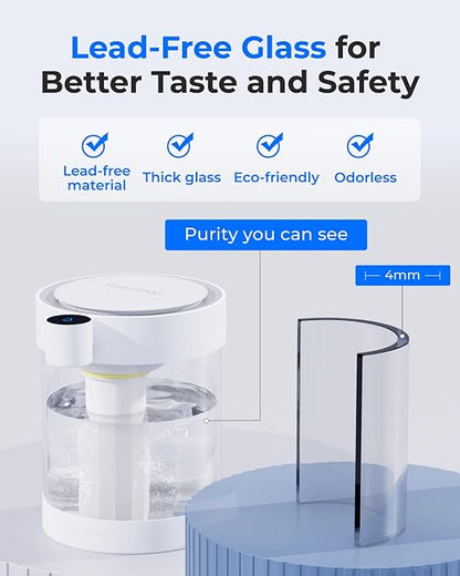 Waterdrop ED12W Glass Rechargeable Water Filter Dispenser, Large 22-Cup, Reduce 70+ Contaminants, Instant Eco-Friendly Countertop Water Filter System, 5-Stage Soften Water Pitcher, with 1 Filter