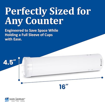 San Jamar Medium Pull-Type Cup Dispenser 4-10 Oz. Cups with Flip Cap for Restaurants, Dining Halls, and Fast Food Plastic, 16 Inches, White