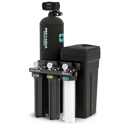 PRO+AQUA PRO-E-S45E Whole House Water Filtration System with 45,000 Grain Water Softener Combo | 3-Stage Filtration | for 4–6 People | Premium Resin | Easy Install Kit