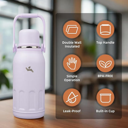 Konokyo Insulated Water Bottle with Handle and Strap,Vacuum Travel Tumbler with Cup Lid,Thermo Coffee Cup for Hot Cold Drinks 40 OZ,Purple