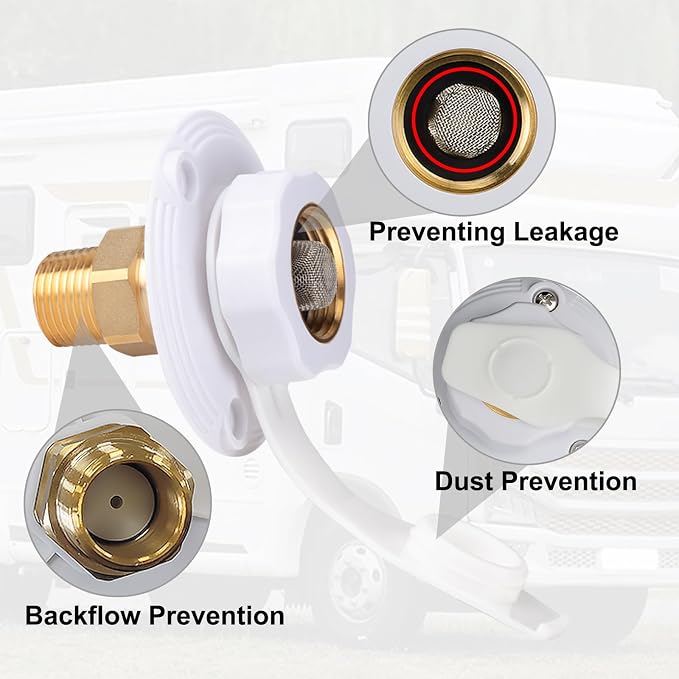 BFXM RV City Water Inlet with Check Valve – RV Water Inlet Connection, RV Water Fill Inlet with 3/4" NH Female to 1/2" NPT Male, Ideal for RVs, Travel Trailers, Camping, and Boats in White