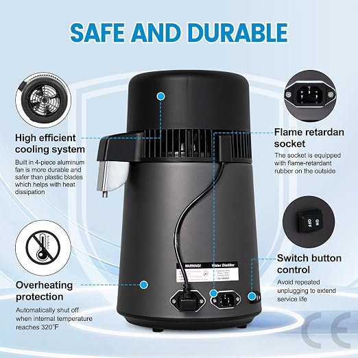 DC HOUSE 1 Gallon Water Distiller Machine, 750W 4L Pure Distilled Water Maker Machine with Container for Home Countertop Table Desktop, Drinking Purifier for Home Kitchen CPAP Hmidifiers (Black)