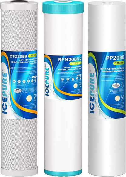 ICEPURE 3-Stage 4.5" x 20" Whole House Water Filter Cartridge Kit, 5 Micron Sediment, GAC, and Activated Carbon Block Filter Raplacement for DB20P, EP20-BB, PACK of 1