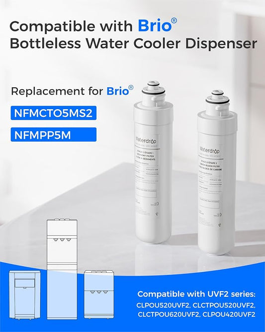 Waterdrop UVF2 Cooler Filter Replacement for Brio® NFMPP5M, 2 Pack | Compatible with Brio®2 Stage Water Filter Replacement, UVF2 Series Models of Brio® Bottleless Water Cooler Dispenser
