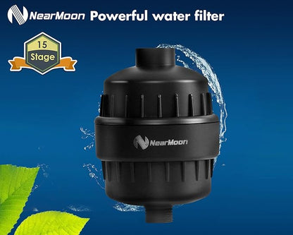 NearMoon Shower Head and 15 Stage Shower Filter Combo, High Pressure Filtered Shower for Hard Water, Improves the Condition of Your Skin, Hair (8 Inch, Black)
