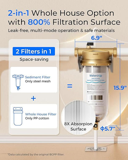 Waterdrop Mega Spin Down Sediment Filter, Reusable Whole House Water Filter System with Larger Capacity, 2 in 1 Dual 100+5 Micron Filtration, Anti-Clogging, 1" MNPT + 3/4" FNPT, BPA Free