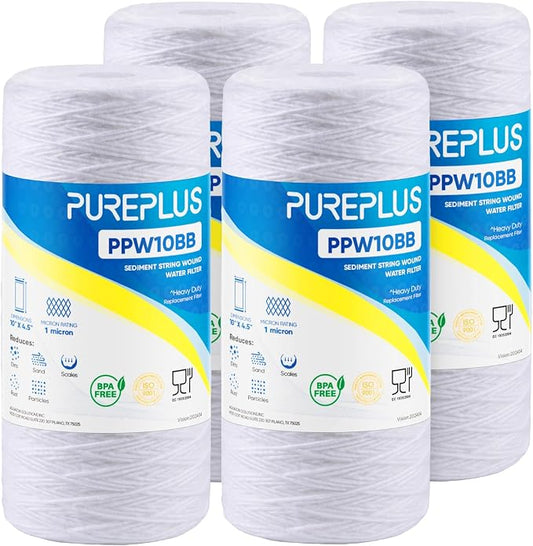 PUREPLUS 1 Micron 10 x 4.5 Whole House String Wound Sediment Filter for Well Water, Replacement Cartridge for 84637, WPX5BB97P, PC10, CW5-BBS, 355215-45, 4Pack