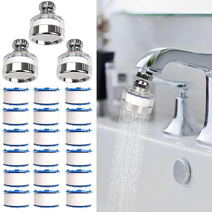3 Pcs of Sink Water Filter and 18 Filter Elements Set, Sink Faucet Filter 360°Rotating, Bathroom Sink Filter Removes Fluoride Hard Water, Faucet Filter Faucet Extender for Home Kitchen Sink