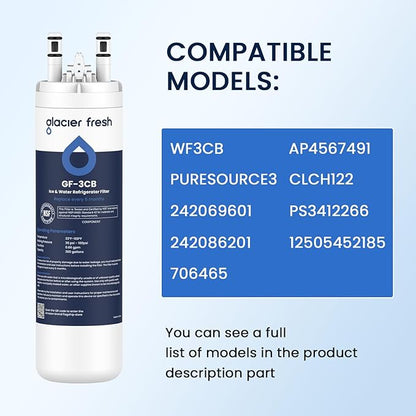 GLACIER FRESH WF3CB Refrigerator Water Filter Replacement for PureSource 3, 706465, WF425, PS3412266, AP4567491, 242017800 Refrigerator Water Filter, Pack of 3