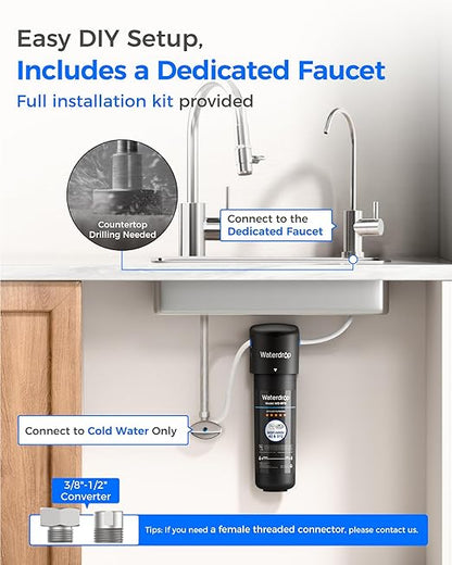 Waterdrop 10UB Under Sink Water Filter, Under Sink Water Filtration System for 11K Gallons, NSF/ANSI 42 Certified, Reduces PFAS, PFOA/PFOS, Lead, Under Sink Water Filter with Faucet