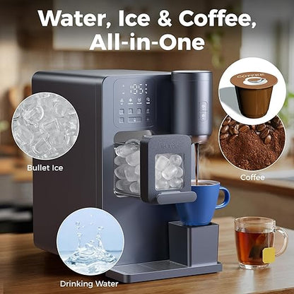 3-in-1 Water Dispenser with Ice Maker - Coffee Maker Countertop Bullet Ice Maker with 12H Timer, Hot/Cold/Warm Adjustable Volume Water, K-Cup® Ground Coffee Brewer for Home Office Studio Gift