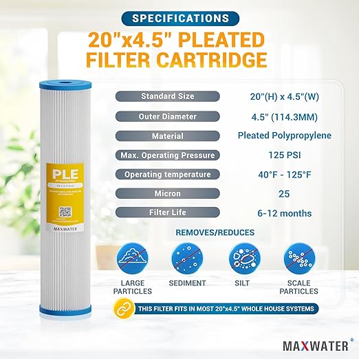 20 x 4.5 Whole House 1 Stage PP Pleated Sediment Filter System w/ 1" NPTF Port Housing Head Includes 50 Micron Pleated Sediment Filter, Gauge & Bracket BB-20B WH100SP WDS150K CB1-CAB20-BB DB20P
