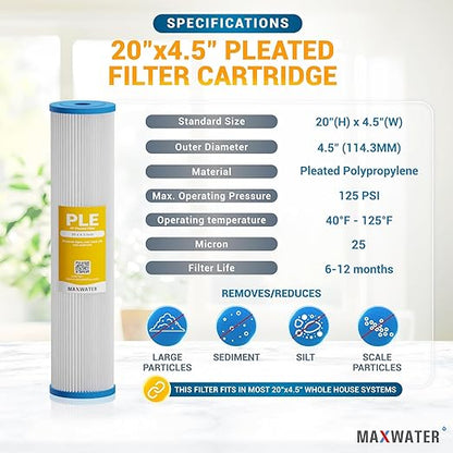 20 x 4.5 Whole House 1 Stage PP Pleated Sediment Filter System w/ 1" NPTF Port Housing Head Includes 50 Micron Pleated Sediment Filter, Gauge & Bracket BB-20B WH100SP WDS150K CB1-CAB20-BB DB20P