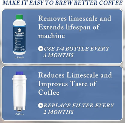 Anmumu Delonghi* Compatible Cleaning&Descaling Kit - 1 Bottle 200ML Descaling Solution with 2 Pack Coffee Filter Replacements DLSC002,Fits ECAM,Esam,ETAM Coffee Machines