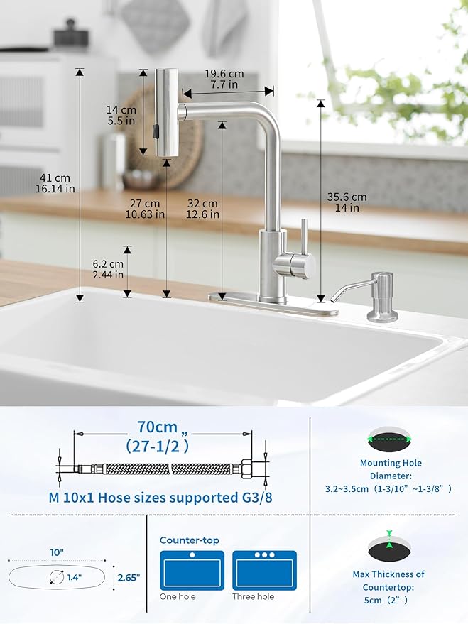 Kitchen Faucets with Pull Down Sprayer,Waterfall Kitchen Sink Faucet with Soap Dispenser,Utility Stainless Steel Kitchen Faucets,Single Handle Kitchen Sink Faucet with Pull Down Sprayer for 3 Function
