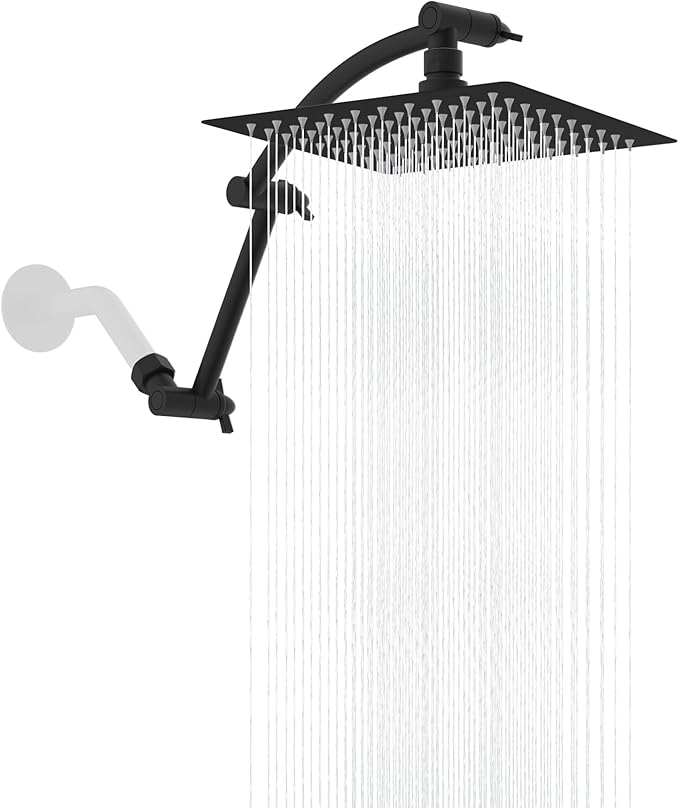 Hibbent All Metal Rain Shower Head, 8'' High Pressure Rainfall Showerhead with 16" Shower Head Extension Arm, Solid Brass Adjustable Shower Arm Extender, Waterfall Fixed Showerheads, Matte Black