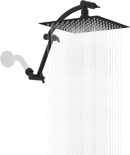 Hibbent All Metal Rain Shower Head, 8'' High Pressure Rainfall Showerhead with 16" Shower Head Extension Arm, Solid Brass Adjustable Shower Arm Extender, Waterfall Fixed Showerheads, Matte Black