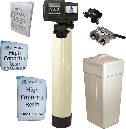 AFWFilters 1.5 Cubic Foot (48k) Whole Home Water Softener with High Capacity Resin, 1" Stainless Steel FNPT Connection, and Almond Tanks