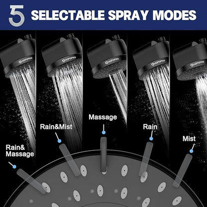 High Flow Filtered Shower Head, HOPOPRO 5 Modes High Pressure Fixed Showerhead with NSF Certified Filter Replacement Cartridge, Remove 99% Chlorine, Improves Skin Hair Condition (6 Inch Black)