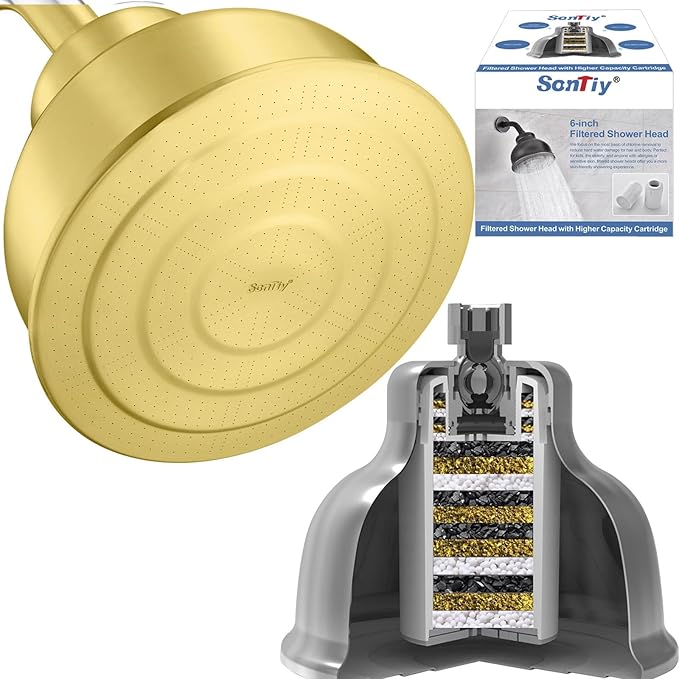 SonTiy Filtered Shower Head, All Metal Shower Filter Head For Hard Water Removes Chlorine, Improve Hair,Nails & Skin, Adjustable High Pressure Water Softener Showerhead, 6 Inch, Gold