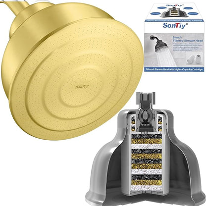 SonTiy Filtered Shower Head, All Metal Shower Filter Head For Hard Water Removes Chlorine, Improve Hair,Nails & Skin, Adjustable High Pressure Water Softener Showerhead, 6 Inch, Gold