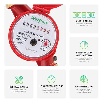 Watflow DN20 Water Meter 3/4" NPT, Gallon Water Flow Meter with Pulse Output, Cold and Hot Water Meter with Brass for Garden or Factory, Single-Jet Horizontal Install.(No Lead-Free)