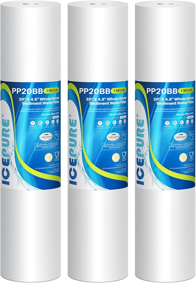 ICEPURE 1 Micron 20" x 4.5" Whole House Sediment Home Water Filter Replacement Cartridge, Compatible with SP-DD-5005-20BB, FPMB5-20, AP810-2, 155358-43, SDC-45-2005, DGD-5005-20, P5-20, FP25B, 3 Pack