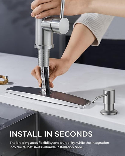 FORIOUS Brushed Nickel Kitchen Faucet with Soap Dispenser, High Arc Modern Sink Faucet with Pull Down Sprayer and Deck Plate, Stainless Steel Fit for 1 or 3 Hole for Pot Filler Bar Rv
