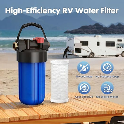 RV Water Filter System,Clog-Resistant Inline Water Filter with Brass Threads,0.2 Micron 6-Stage Filtration for RVs and Campers,4.5x10in.Cartridge,Filters VOCs,Chlorine, Sediments,Heavy Metals,Odors