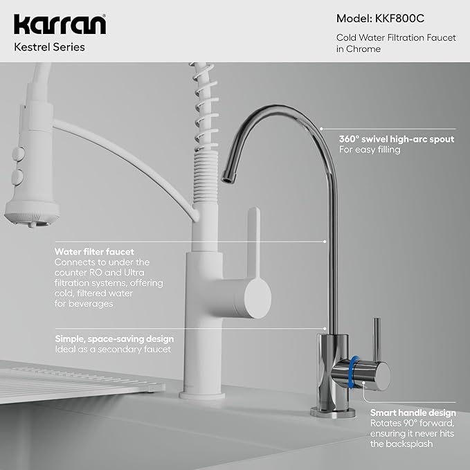 Karran Kestrel Single-Handle Filtered Water Faucet in Chrome 100% Lead-Free Brass, RO/Filtration System Ready, 360° High-Arc Spout, Spot-Free Finish Beverage Faucet (Chrome)